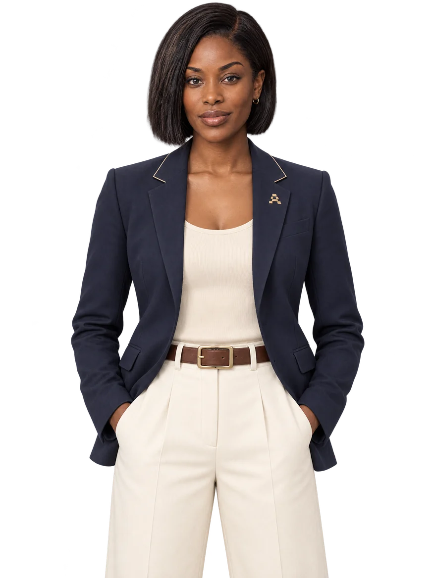 Drew, AI employee, in a navy blazer and cream trousers.