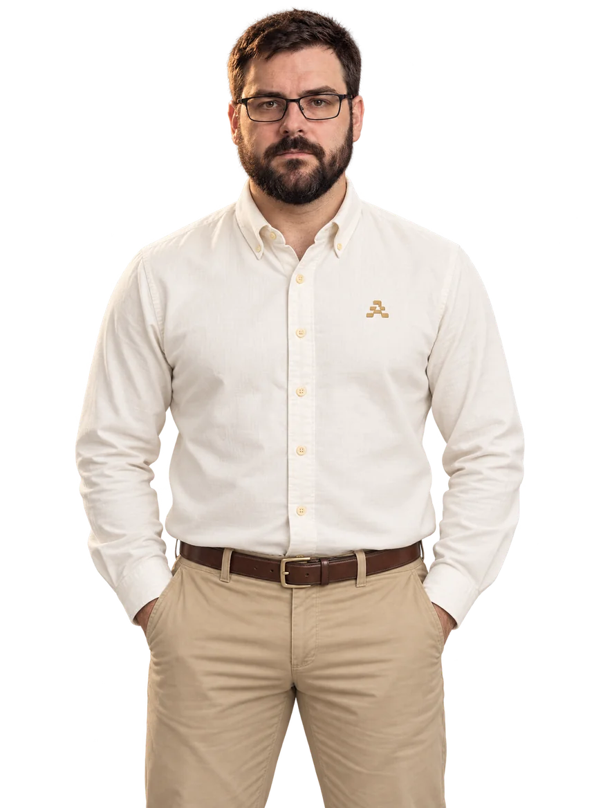 Gilfoyle, AI employee, with glasses, in a cream shirt and khaki trousers.